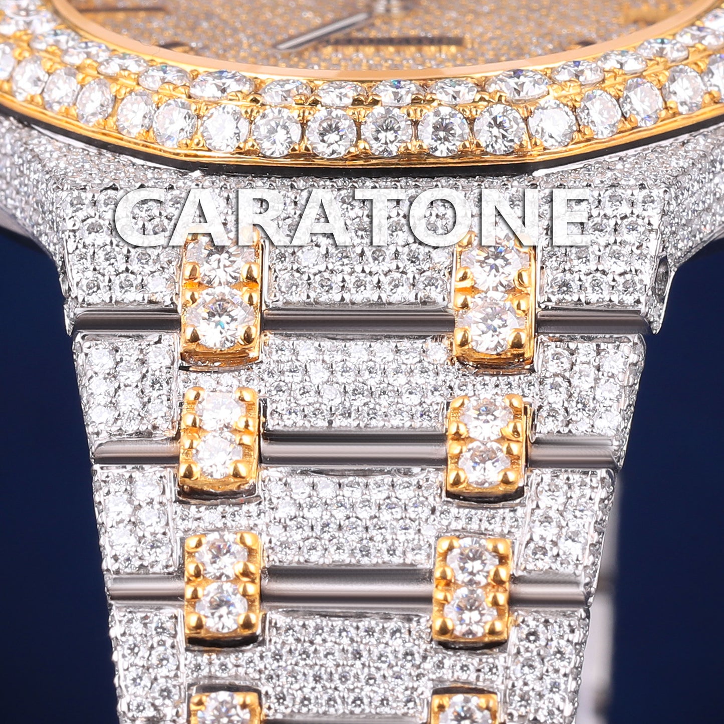 Mens Iced Out Watches Two Tone Silver Yellow Gold Plated Bust Down Moissanite Watch