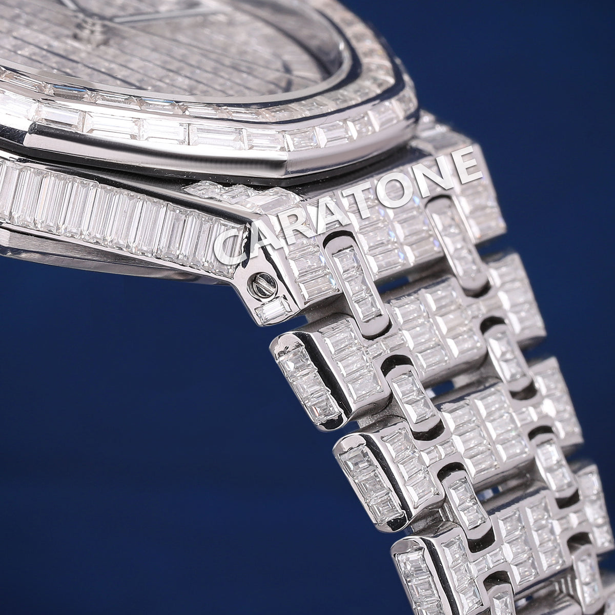 Full iced out Hip hop branded watch with full of baguette diamond in white tone and with D VVS clarity