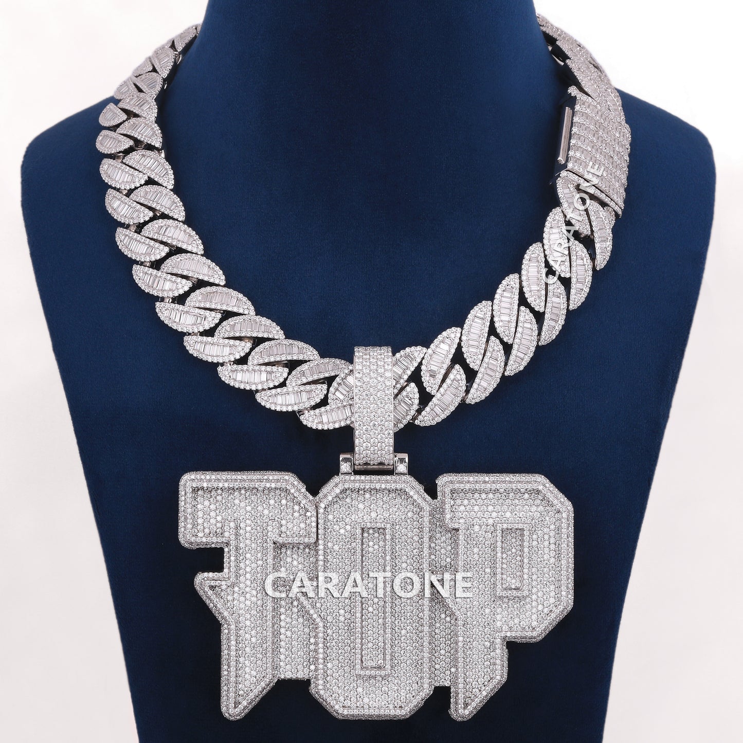 Letter Pednant With Cuban LinK Round And Bagutte Lab Diamond Chain In 925 Sterling Silver