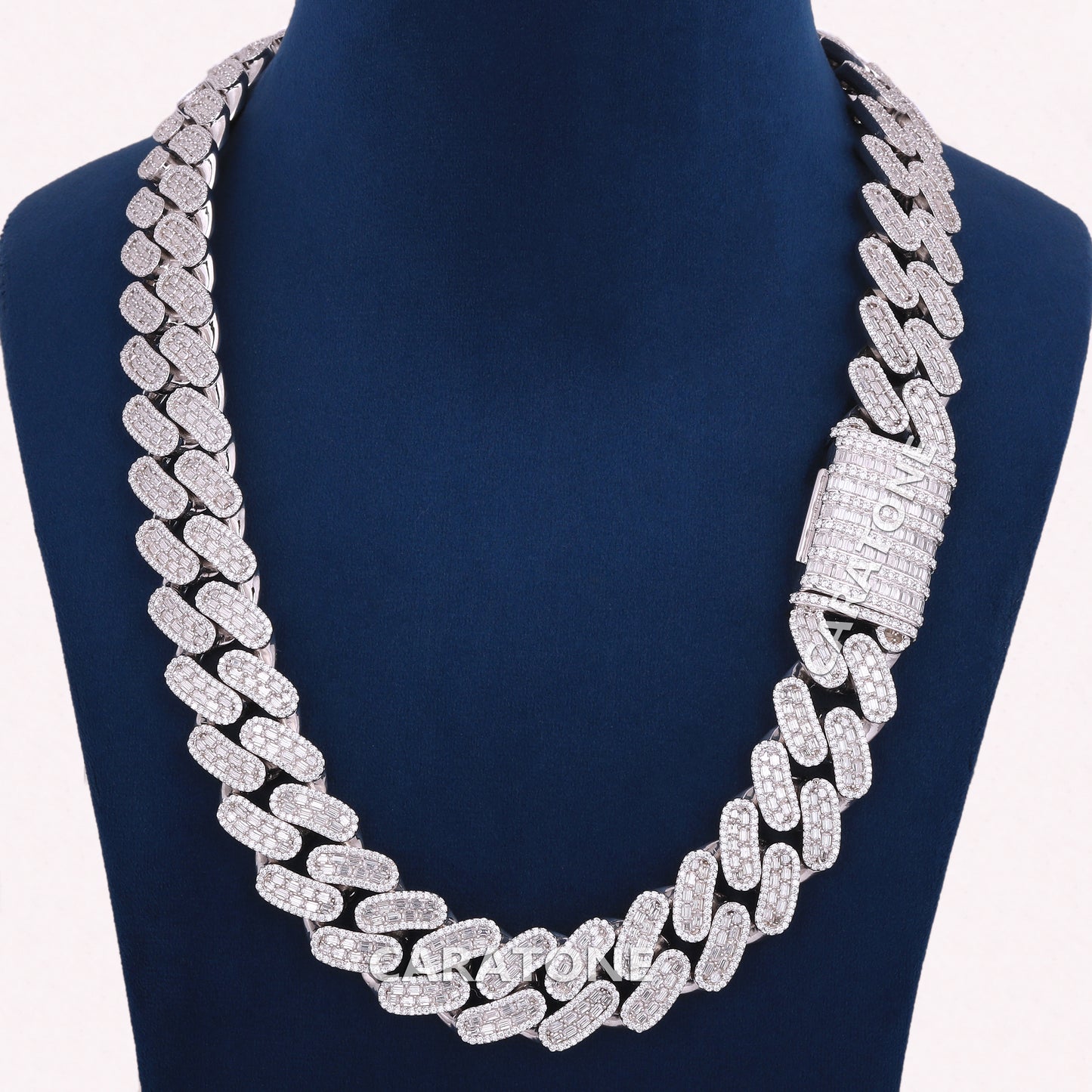 22 Inch 20 mm White Baguette and Round Cut Cuban Chain