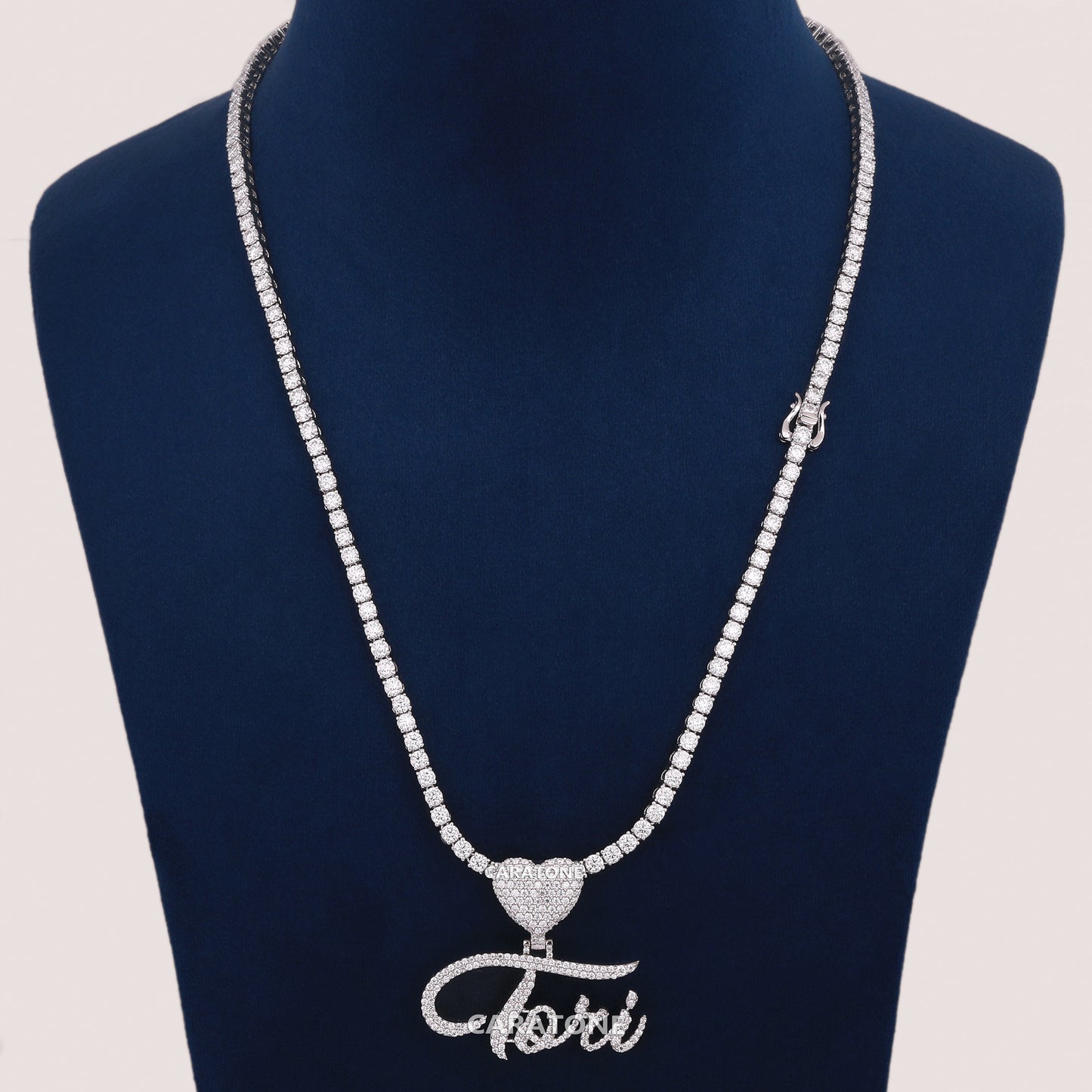 Heart With Letter Pendant In 14KT Gold With 3 MM Tennis Chain