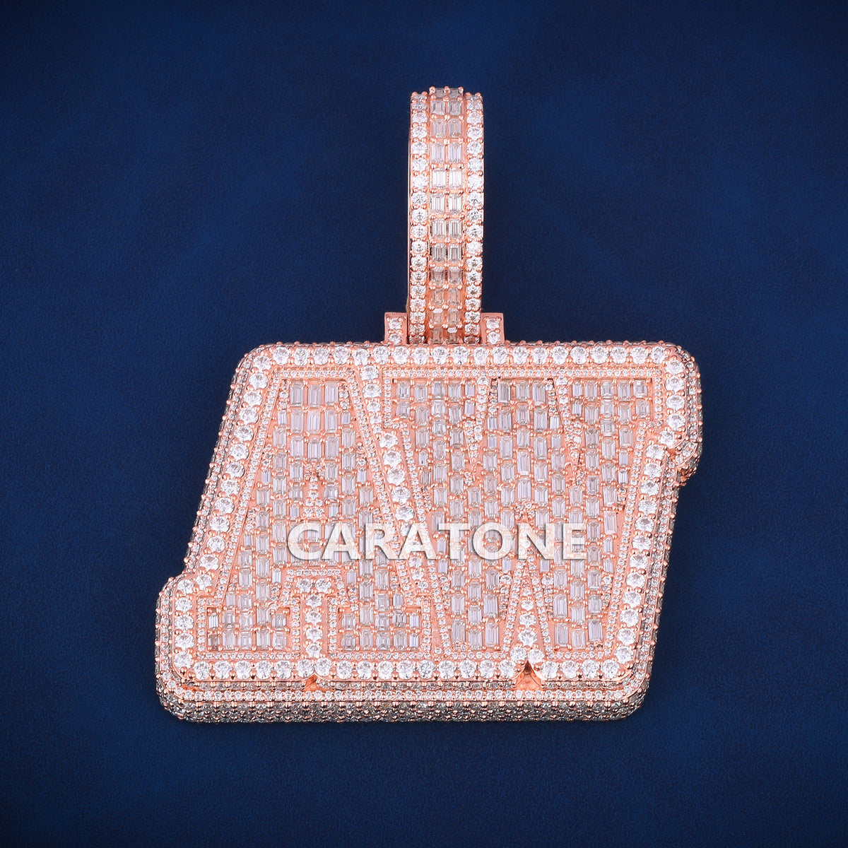 Custom Iced Out AN Initial Hip Hop Pendant in Rose Gold with Baguette Lab Grown Diamond 14kt white gold