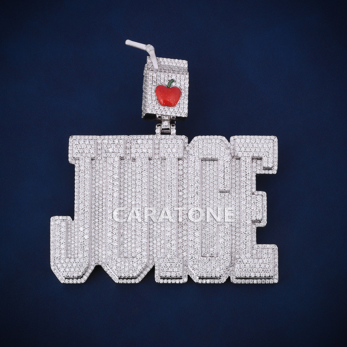 Fully Iced Out JUICE Name Pendant with Custom Juice Box Design & Lab Grown Diamonds