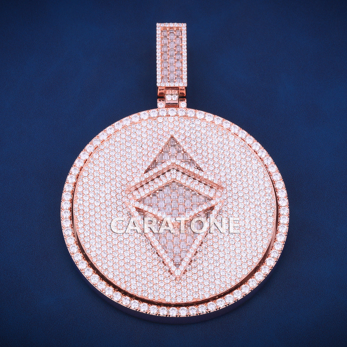 Fully Iced Out Ethereum Logo Round Hip Hop Pendant in Rose Gold with Lab Grown Diamonds