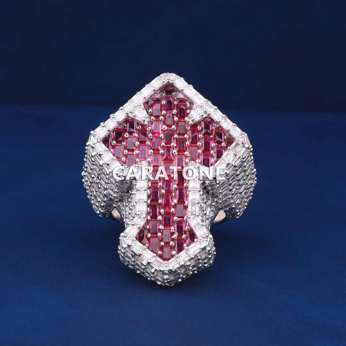 Custom 3D Spade Shape Ring with Red Gemstone Pavé & White Diamond Border