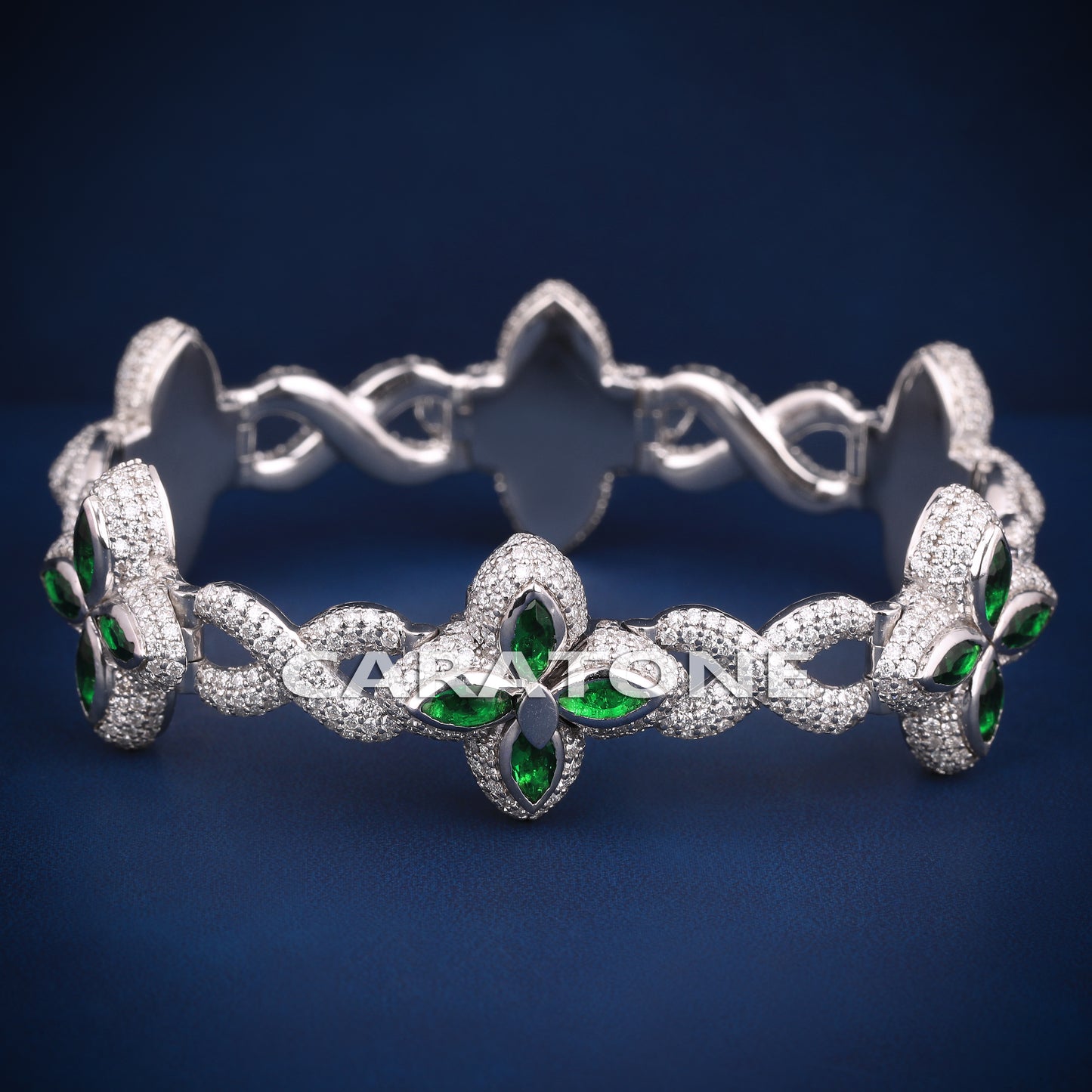 Infinity style green gemstone diamond clover bracelet