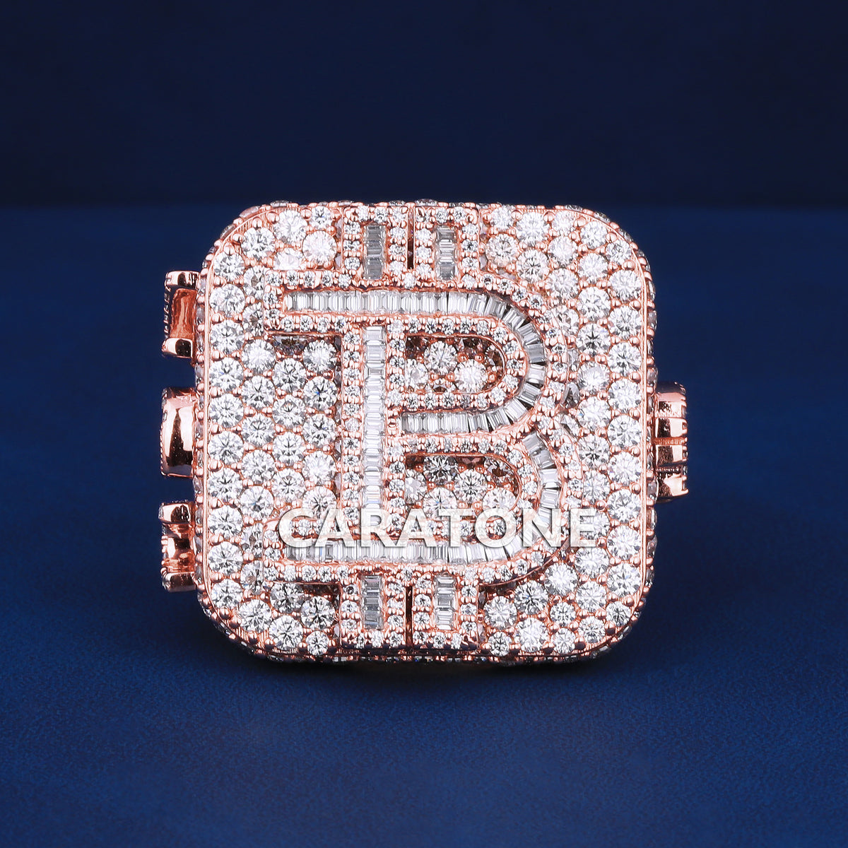 Custom Rose Gold Diamond Letter Ring with Pavé Set Round & Baguette Stones