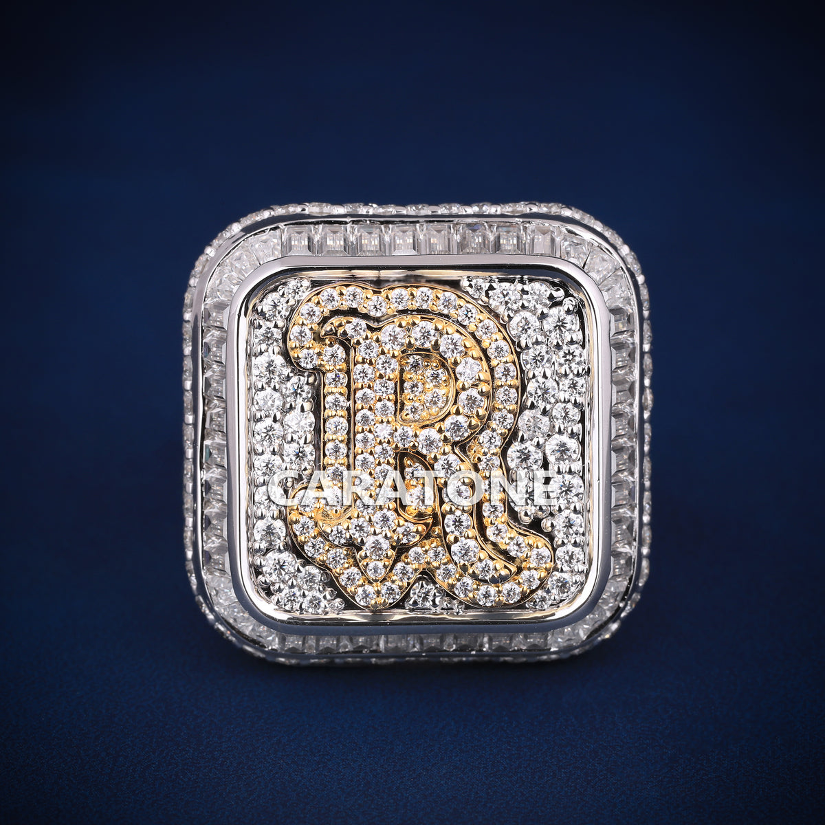Custom Iced Out Letter R Ring with Yellow Gold and White Gold Finish