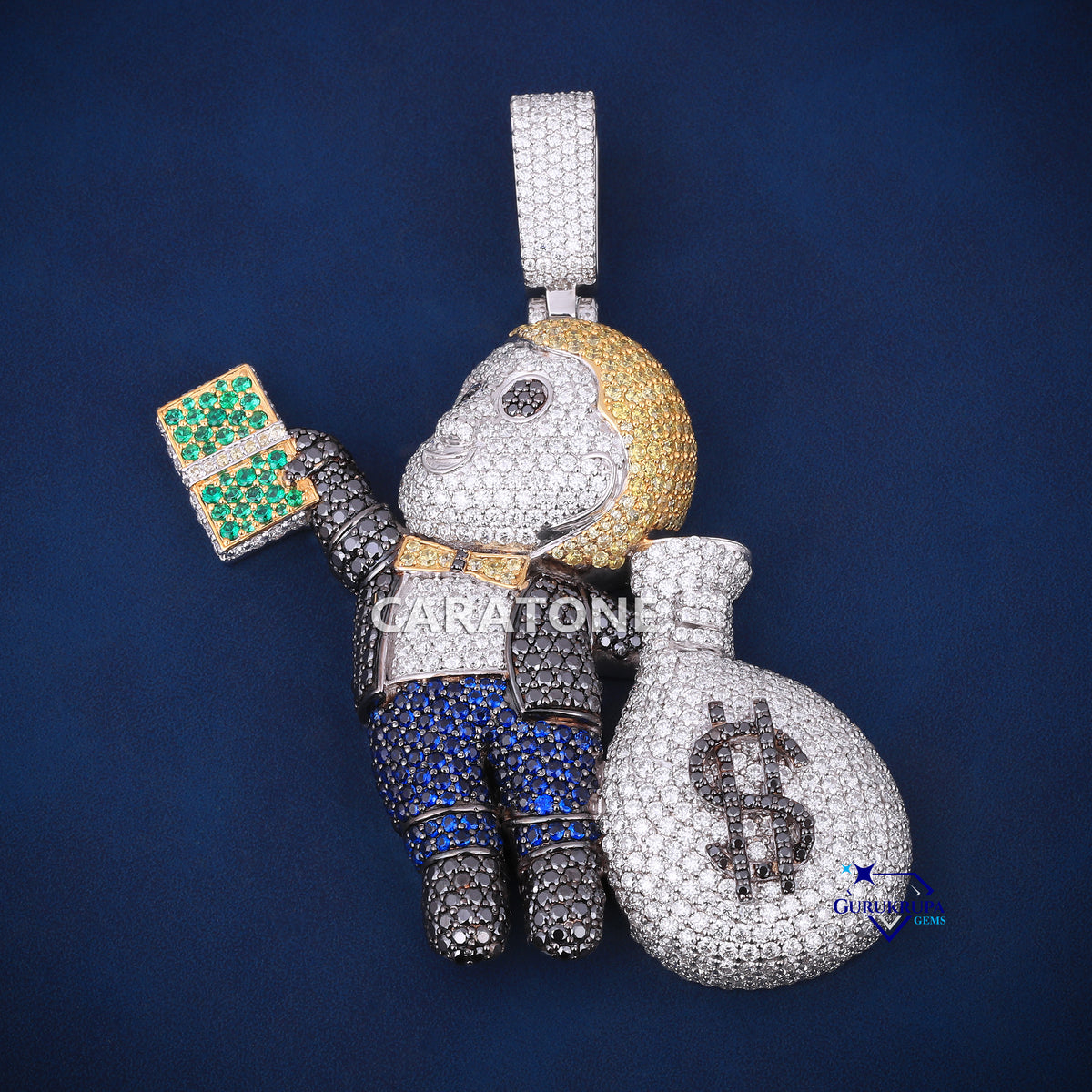 3D Iced Out Money Monkey Hip Hop Pendant with Diamond Money Bag & Cash Stack – Lab Grown Diamonds