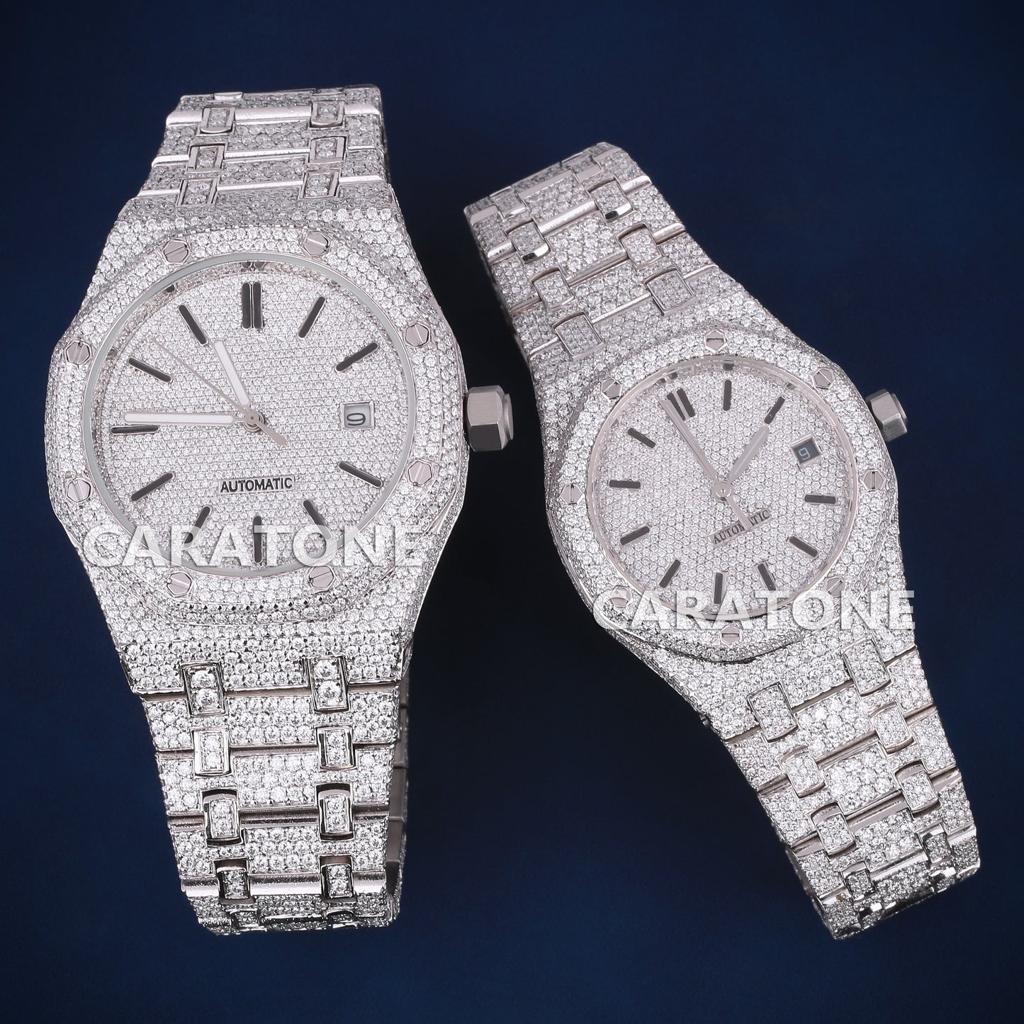 41-36 mm his and hers fully white couple diamond watch