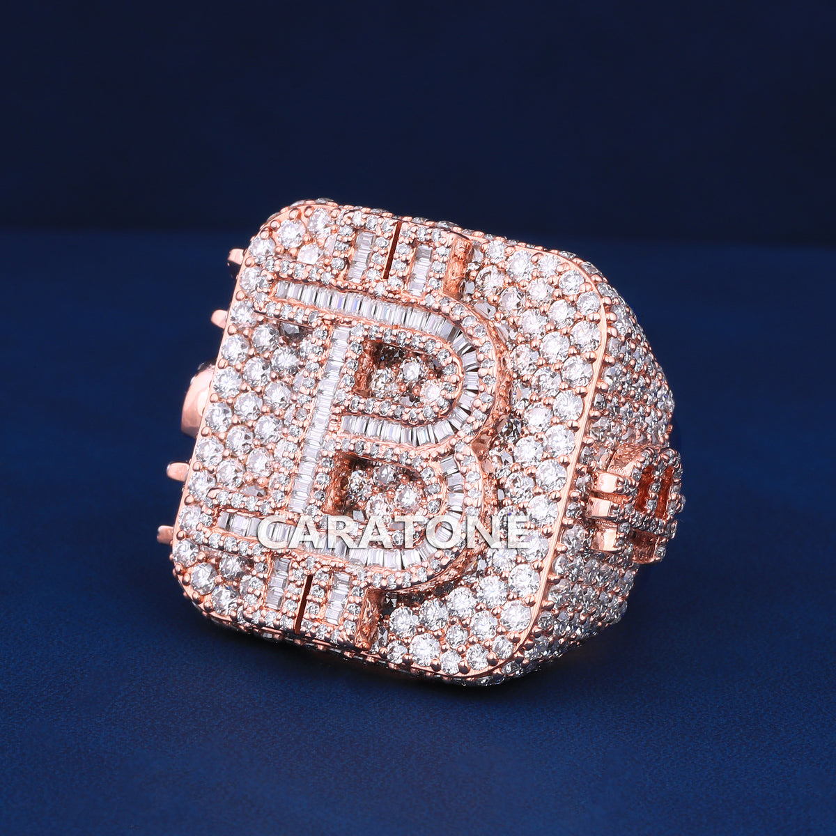 Custom Rose Gold Diamond Letter Ring with Pavé Set Round & Baguette Stones