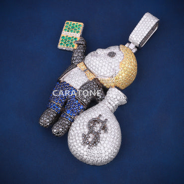 3D Iced Out Money Monkey Hip Hop Pendant with Diamond Money Bag & Cash Stack – Lab Grown Diamonds