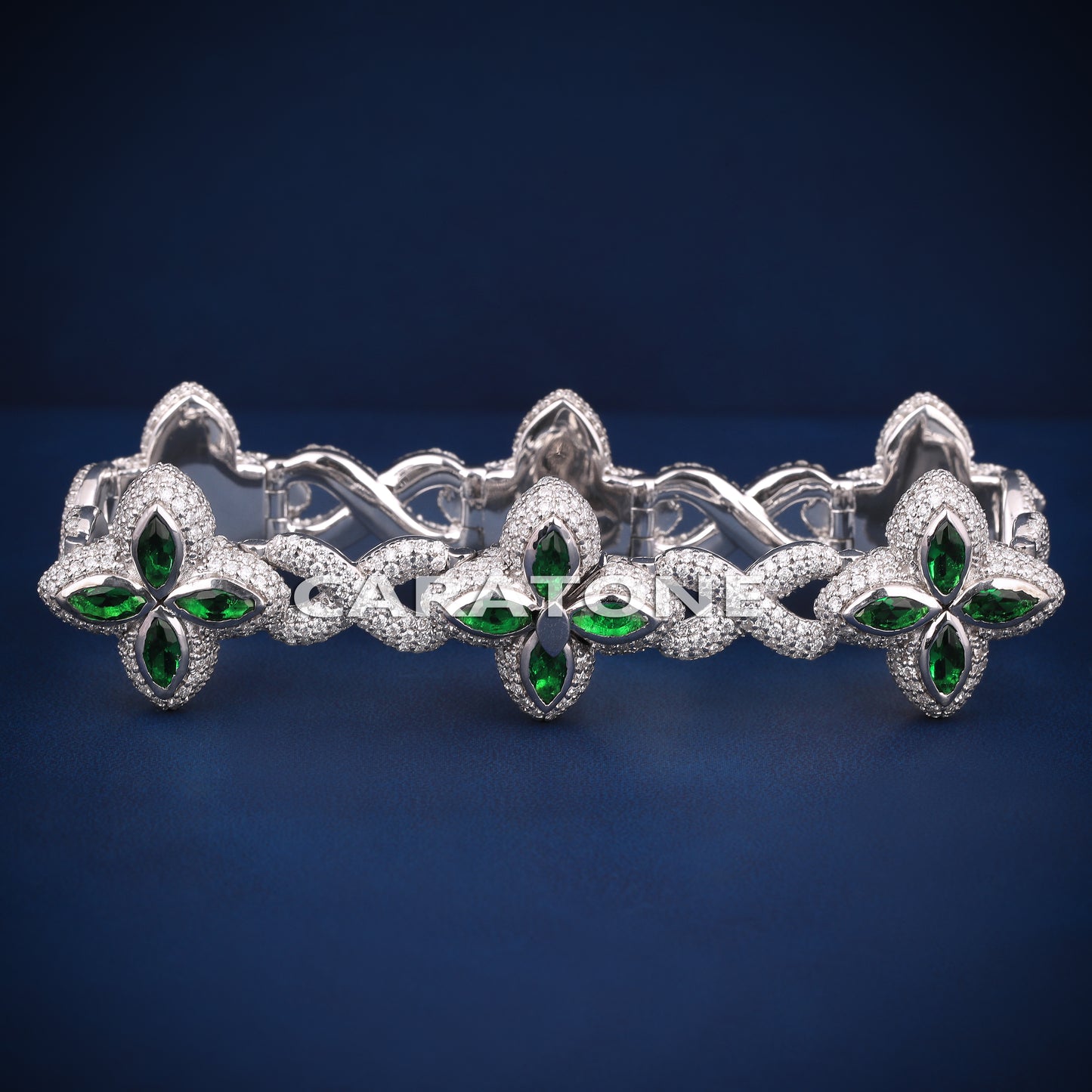 Infinity style green gemstone diamond clover bracelet