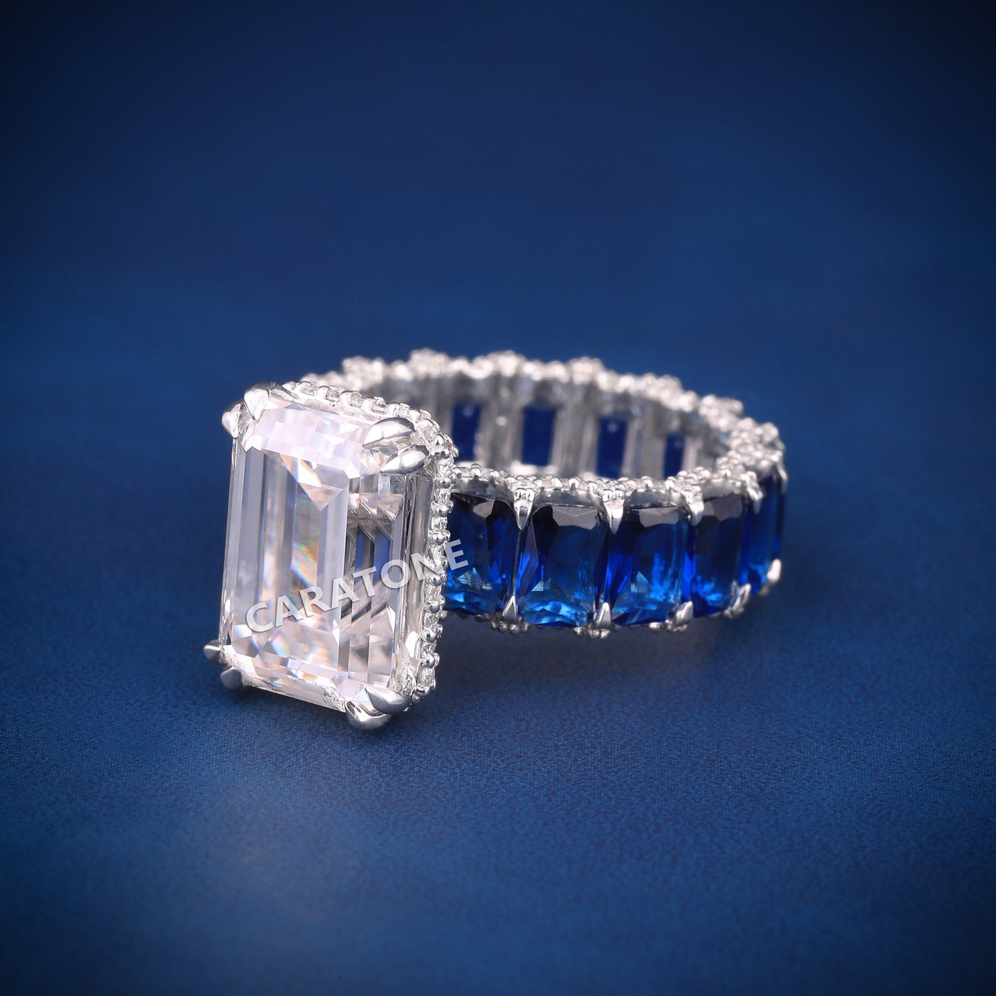 Wedding Engagement Vvs Solitaire Diamond Ring with blue side stones