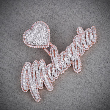 Custom Hip Hop Name Necklace Pendant with Diamond-Studded Heart and Rose Gold Accents