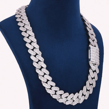 22 Inch 20 mm White Baguette and Round Cut Cuban Chain