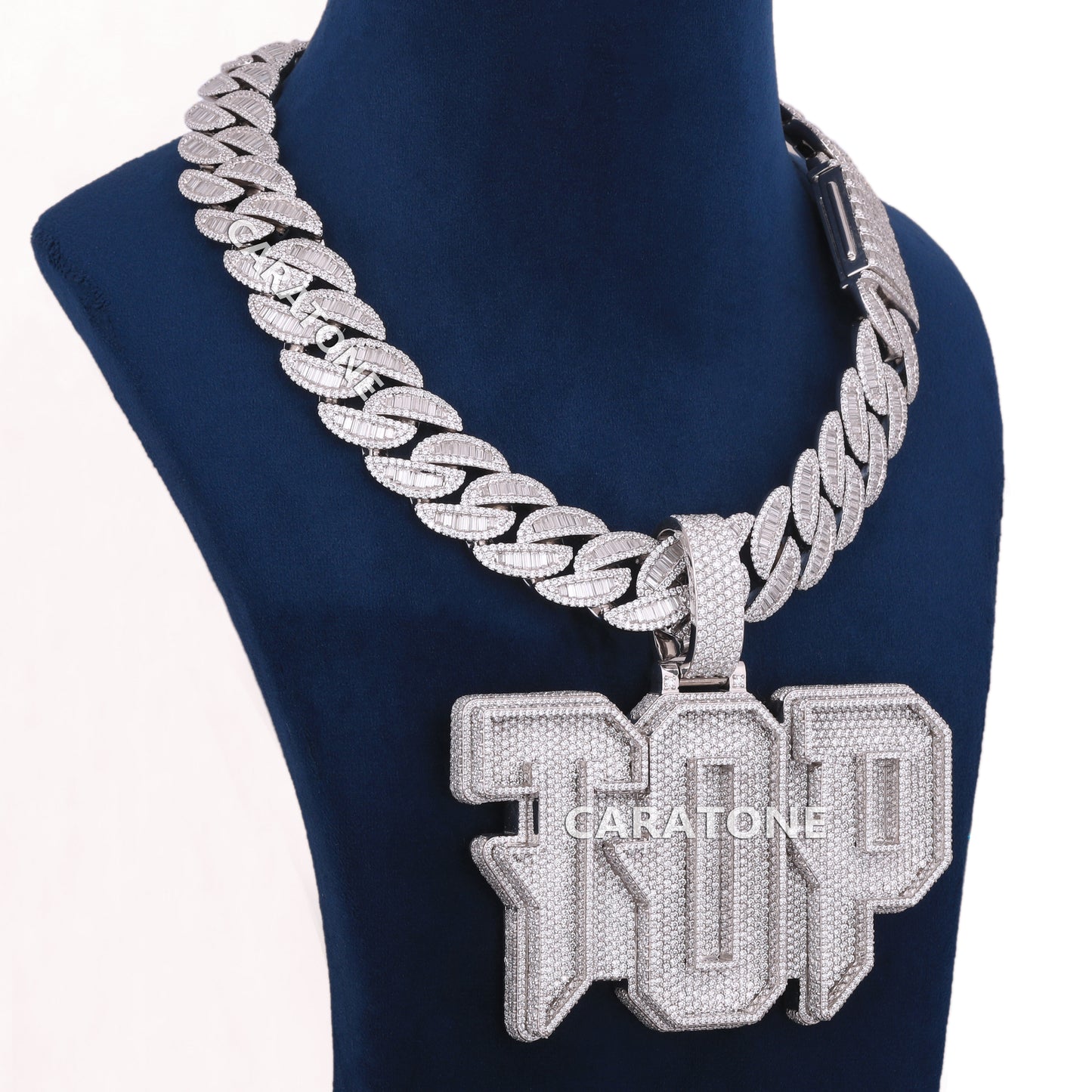 Letter Pednant With Cuban LinK Round And Bagutte Lab Diamond Chain In 925 Sterling Silver
