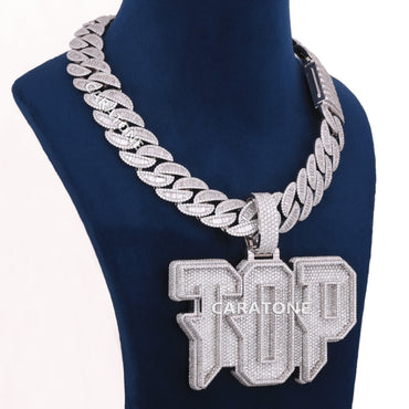 Letter Pednant With Cuban LinK Round And Bagutte Lab Diamond Chain In 925 Sterling Silver