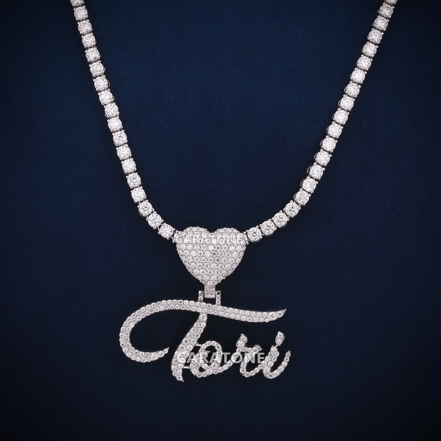 Heart With Letter Pendant In 14KT Gold With 3 MM Tennis Chain