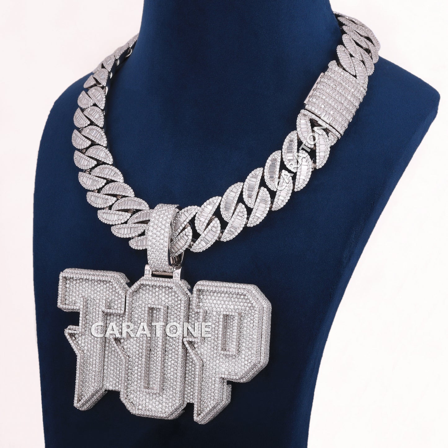 Letter Pednant With Cuban LinK Round And Bagutte Lab Diamond Chain In 925 Sterling Silver