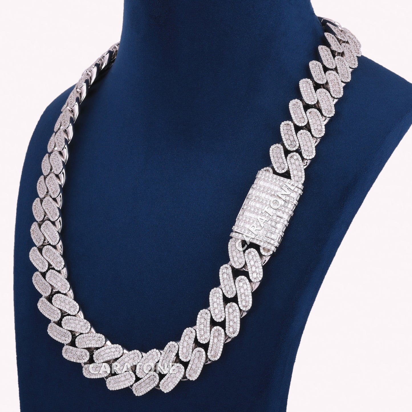 22 Inch 20 mm White Baguette and Round Cut Cuban Chain