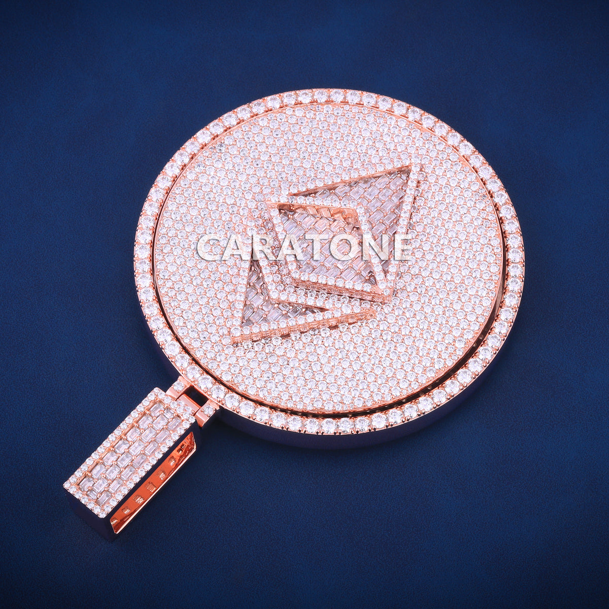 Fully Iced Out Ethereum Logo Round Hip Hop Pendant in Rose Gold with Lab Grown Diamonds