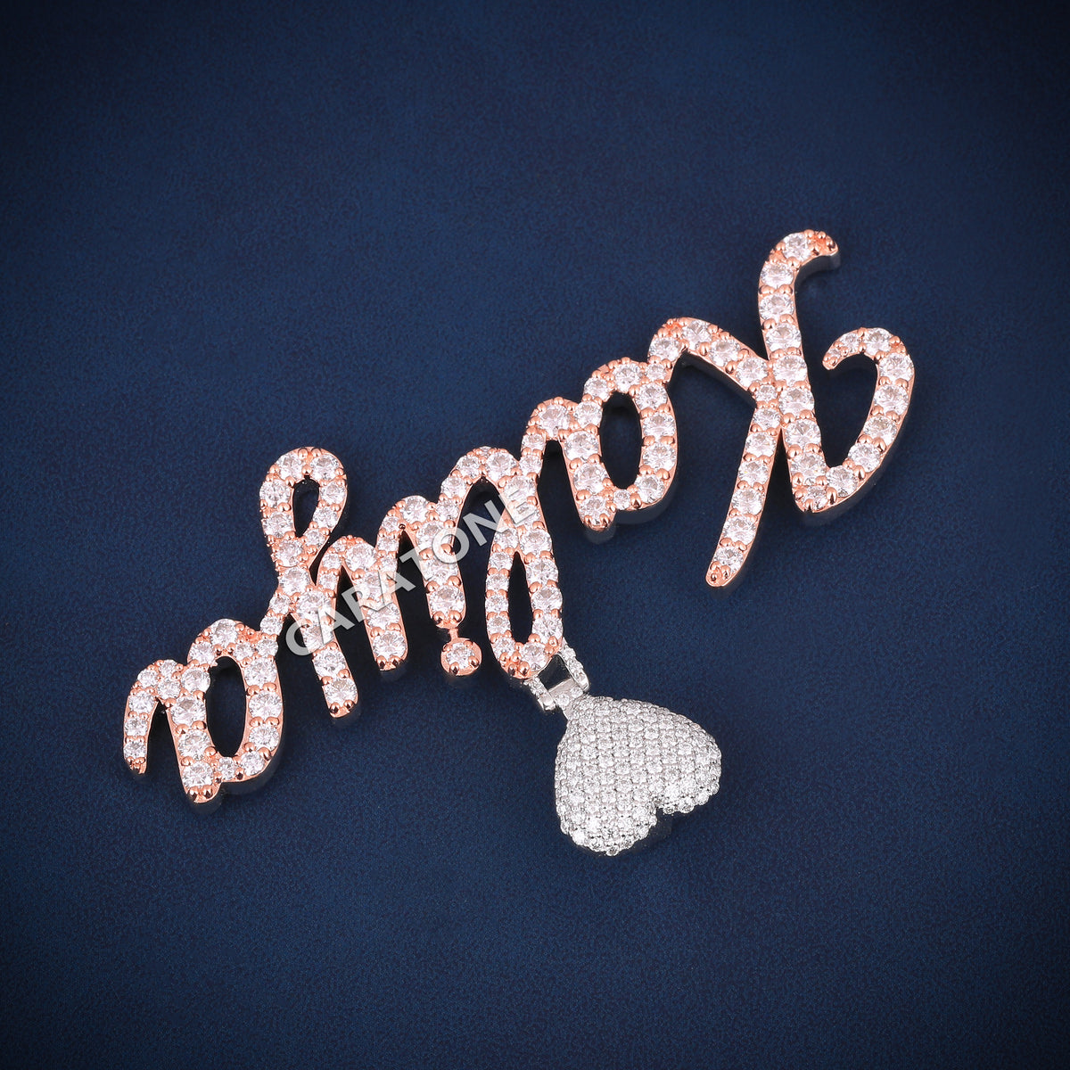 Luxury Iced Out Script Name Pendant with Diamond Heart