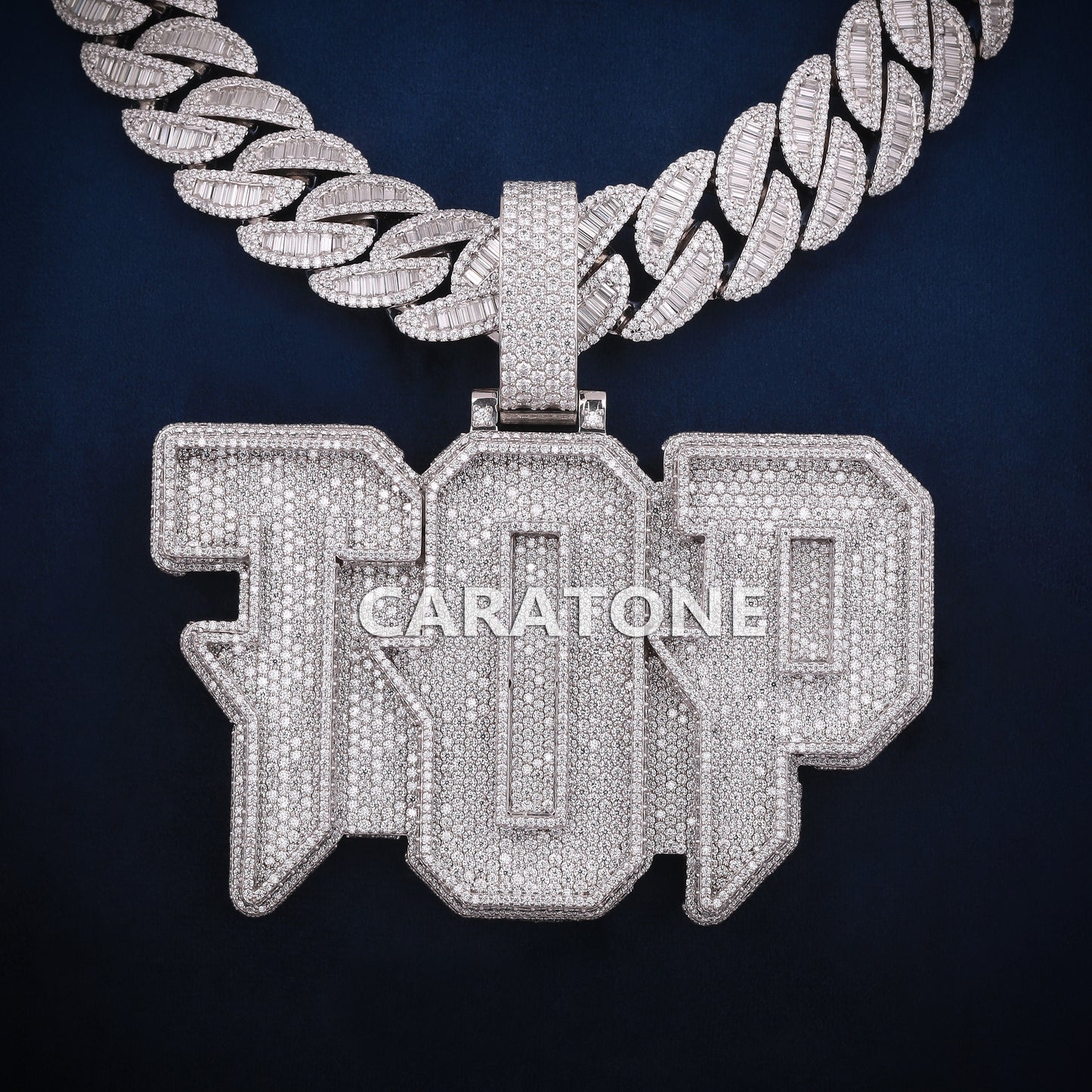 Letter Pednant With Cuban LinK Round And Bagutte Lab Diamond Chain In 925 Sterling Silver