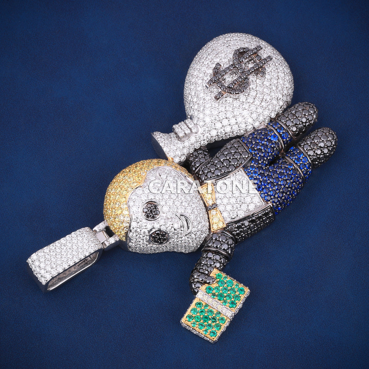 3D Iced Out Money Monkey Hip Hop Pendant with Diamond Money Bag & Cash Stack – Lab Grown Diamonds