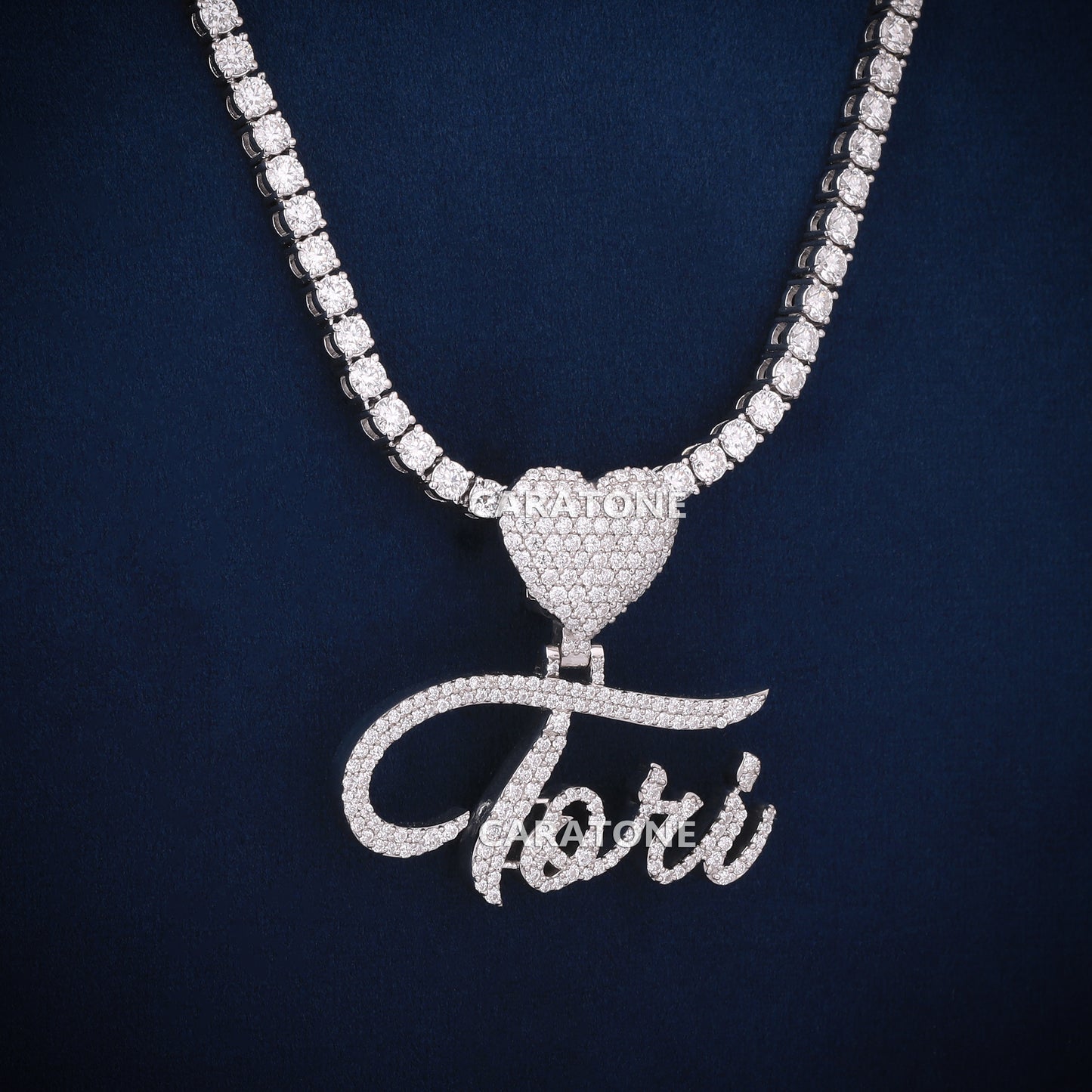 Heart With Letter Pendant In 14KT Gold With 3 MM Tennis Chain