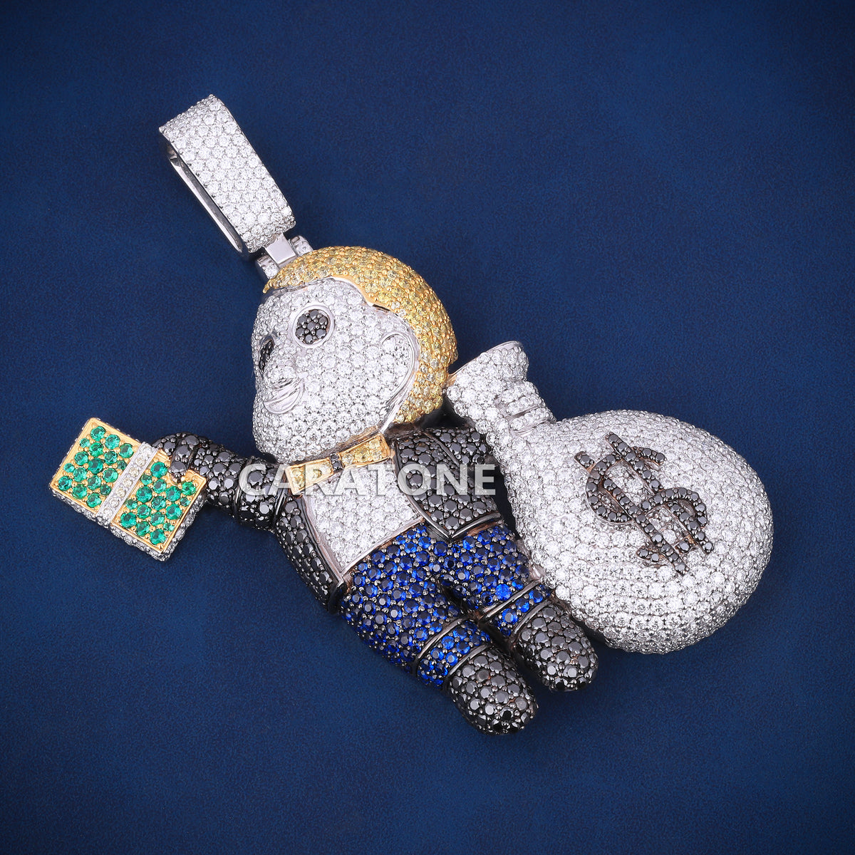 3D Iced Out Money Monkey Hip Hop Pendant with Diamond Money Bag & Cash Stack – Lab Grown Diamonds