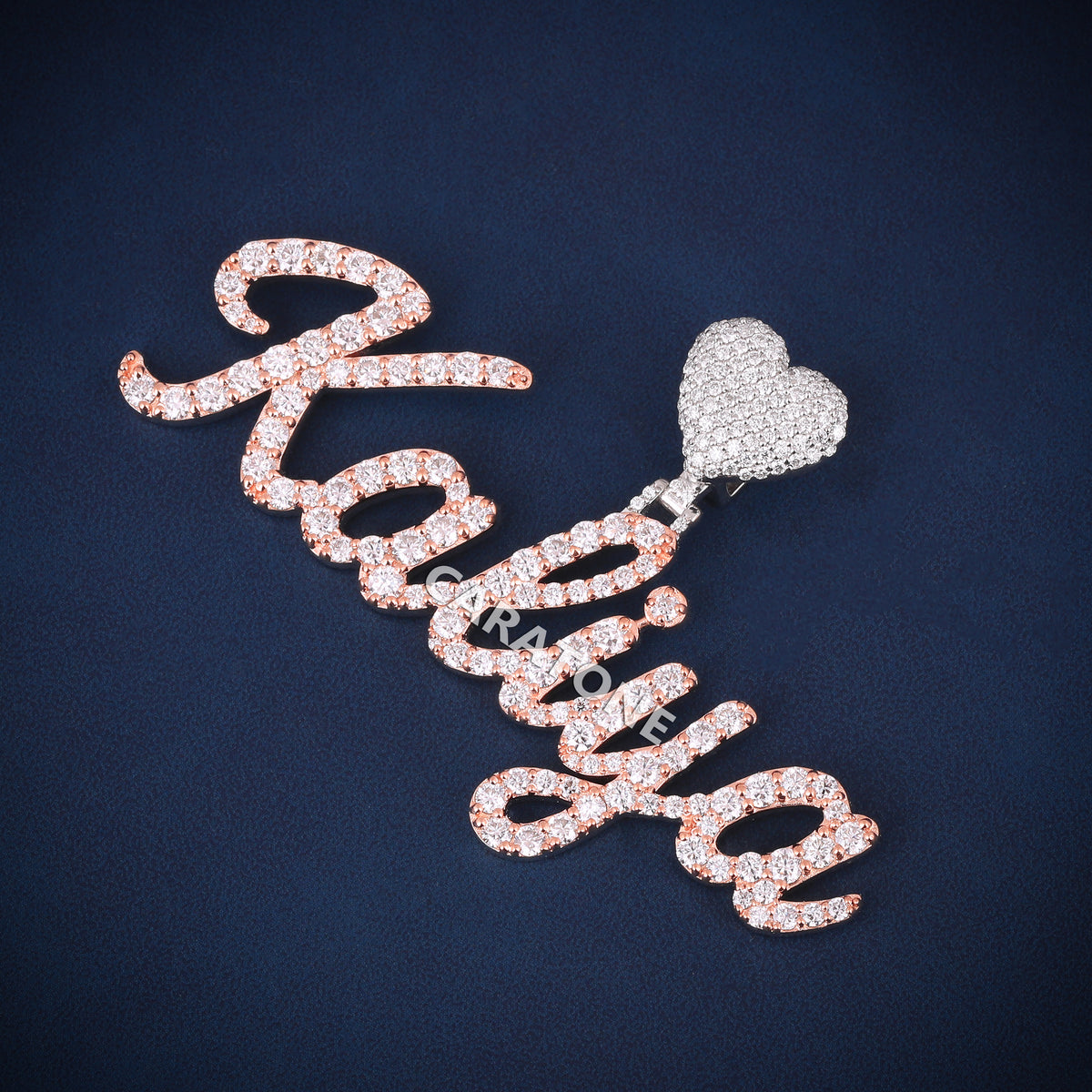 Luxury Iced Out Script Name Pendant with Diamond Heart