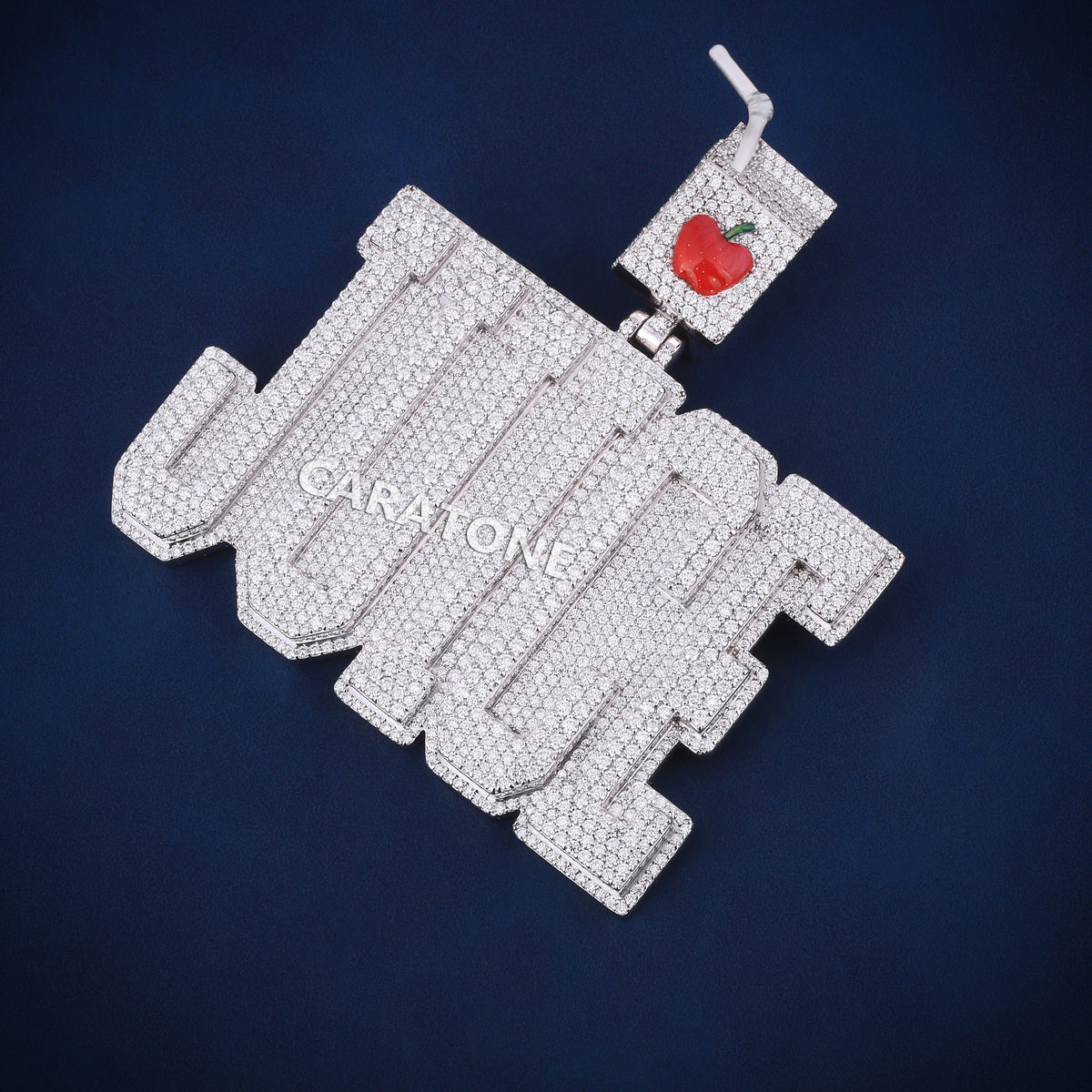 Fully Iced Out JUICE Name Pendant with Custom Juice Box Design & Lab Grown Diamonds