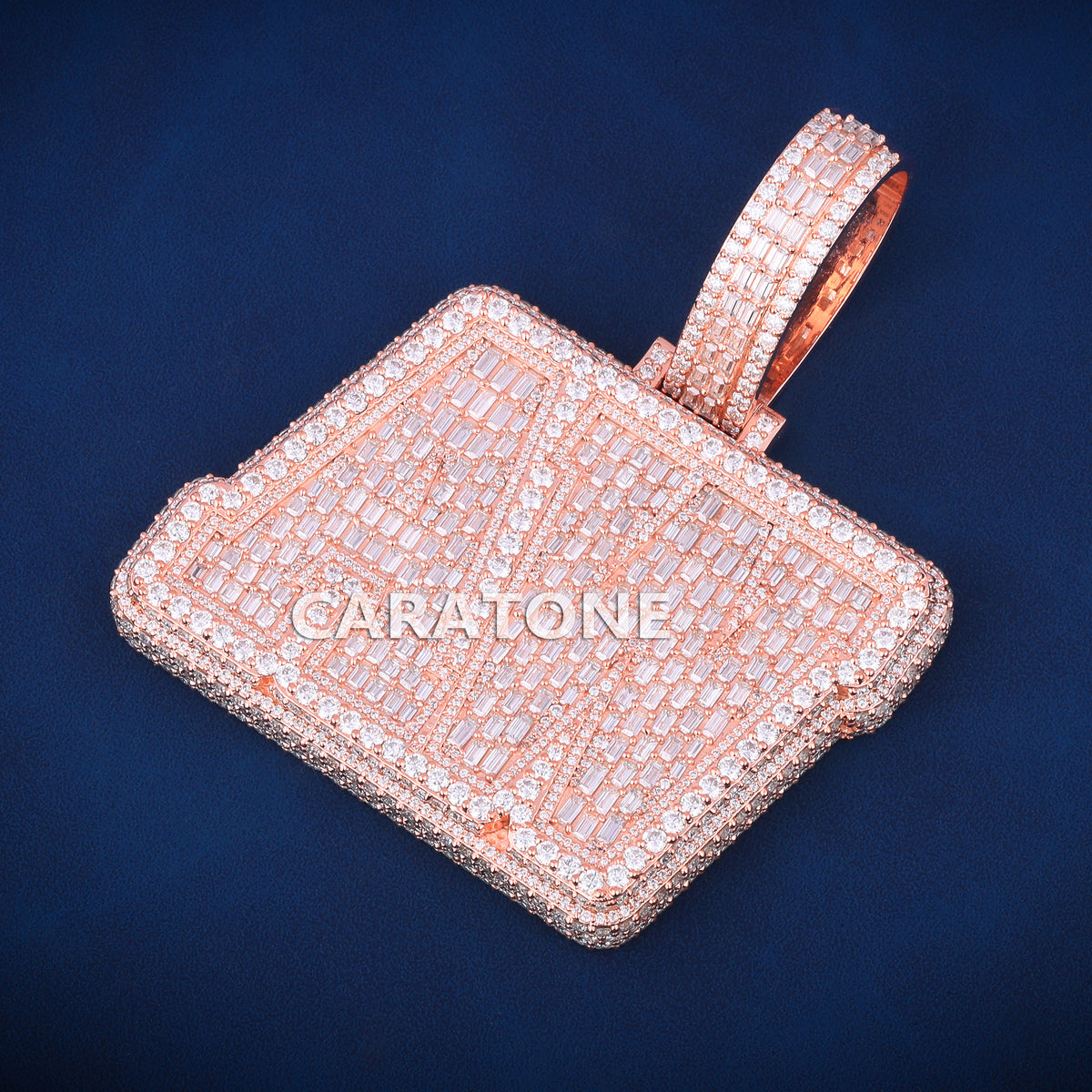 Custom Iced Out AN Initial Hip Hop Pendant in Rose Gold with Baguette Lab Grown Diamond 14kt white gold