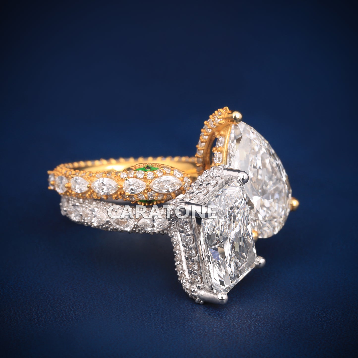 Pear and solitaire diamond wedding ring with diamond tester passed