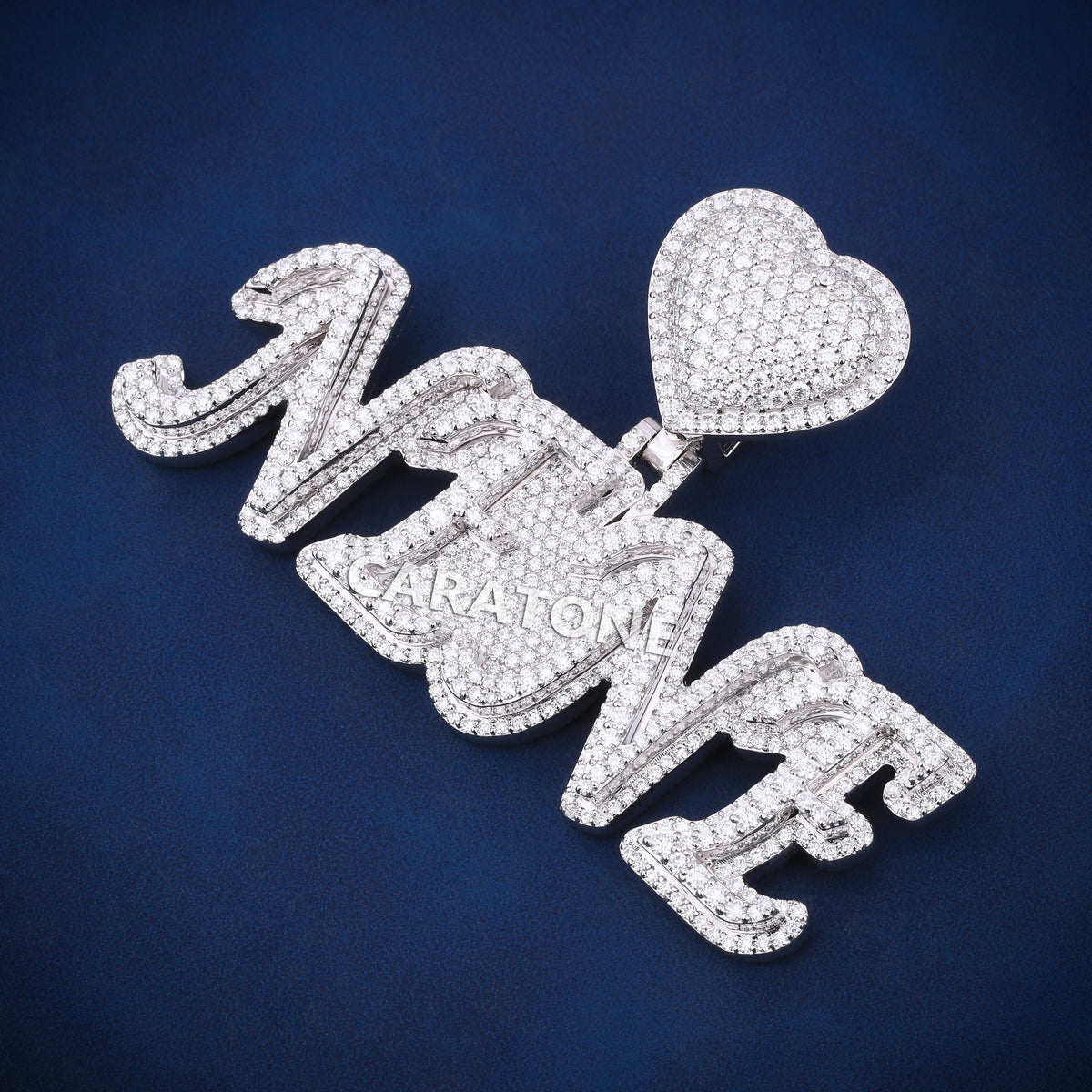 Custom Iced Out Name Hip Hop Pendant with Diamond Heart Bail in Lab Grown Diamonds