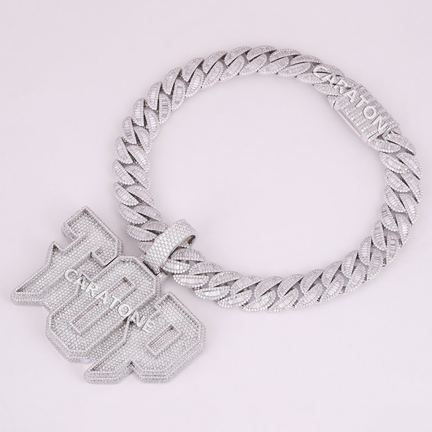 Letter Pednant With Cuban LinK Round And Bagutte Lab Diamond Chain In 925 Sterling Silver