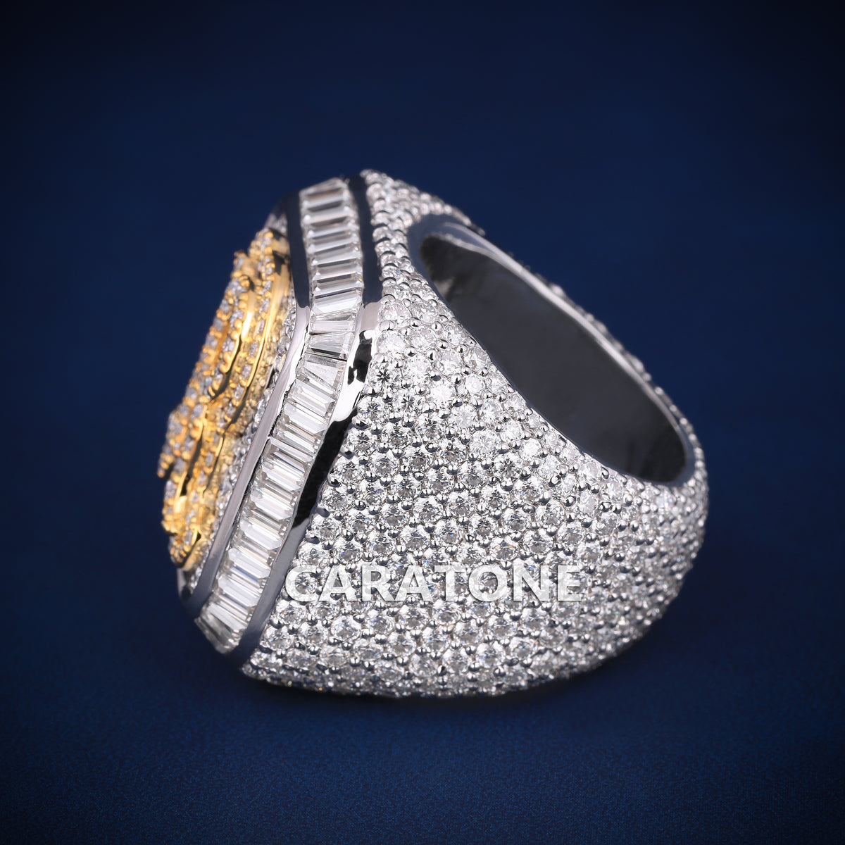 Custom Iced Out Letter R Ring with Yellow Gold and White Gold Finish