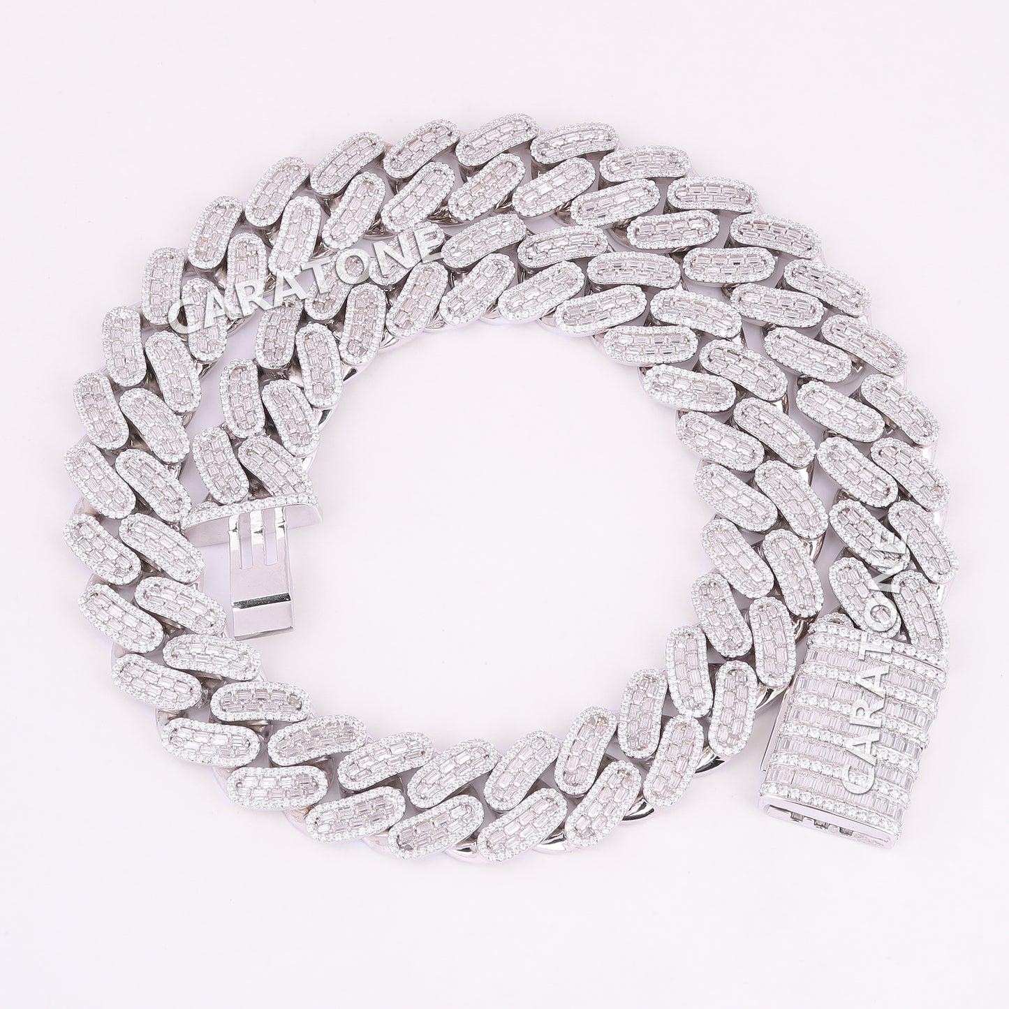 22 Inch 20 mm White Baguette and Round Cut Cuban Chain