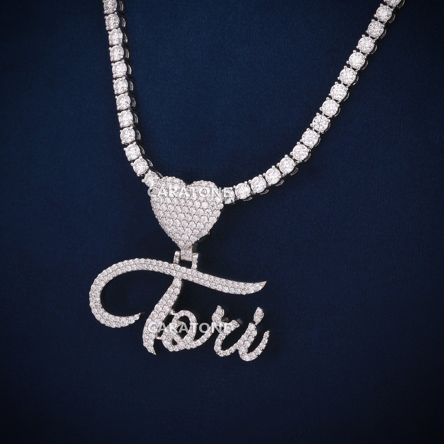 Heart With Letter Pendant In 14KT Gold With 3 MM Tennis Chain