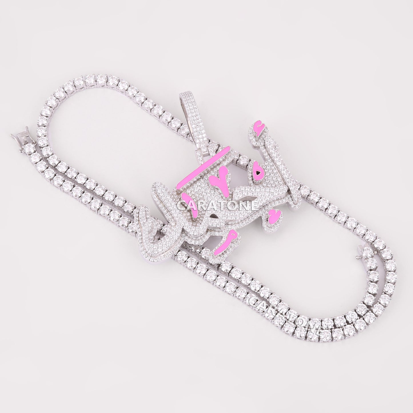 Arabic Letter Pendant With 4 MM Tennis Chain In 14 KT Gold With Lab Diamond