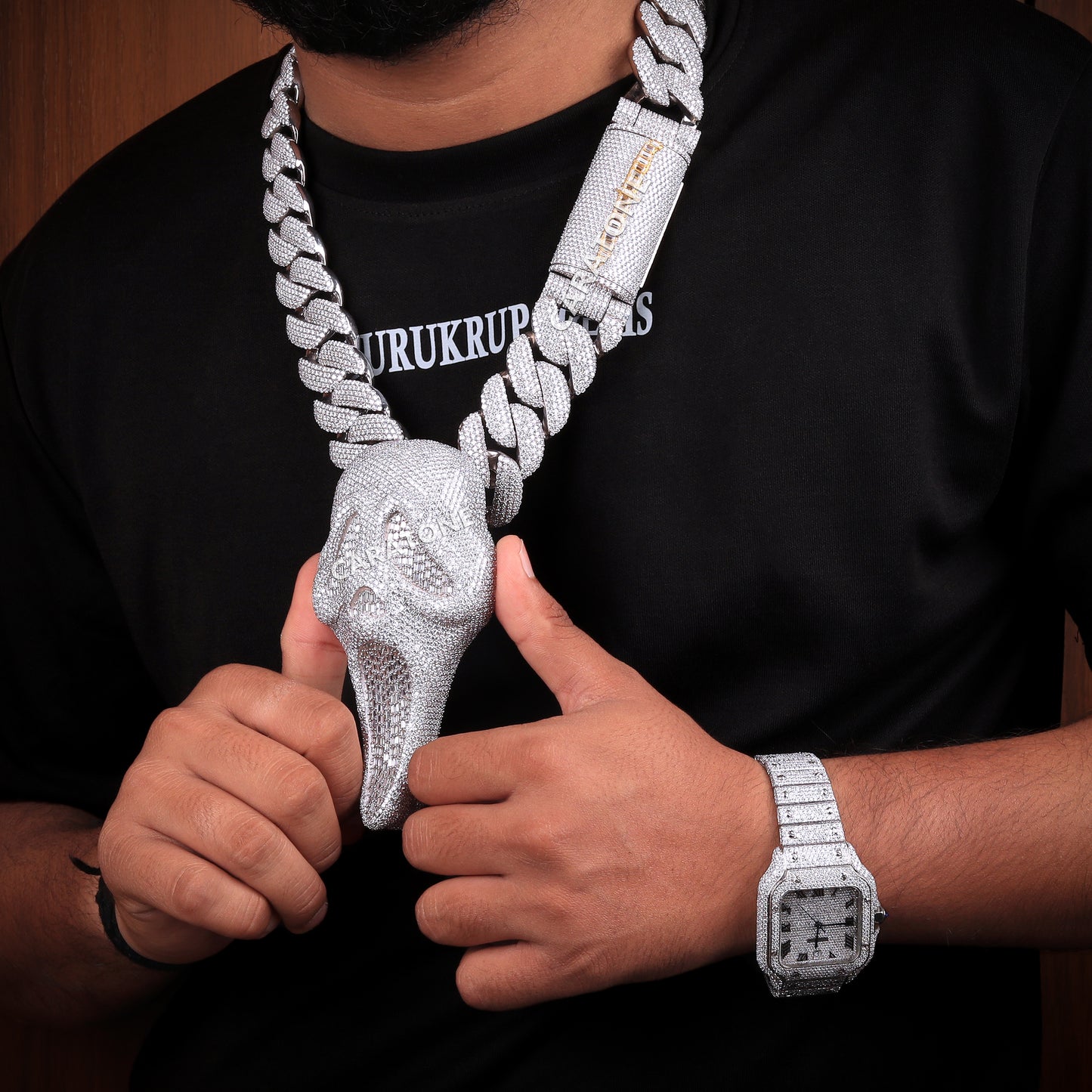 Hand Made Round And Bagutte Lab Diamond Chain With Pendant In 925 Sterling Silver
