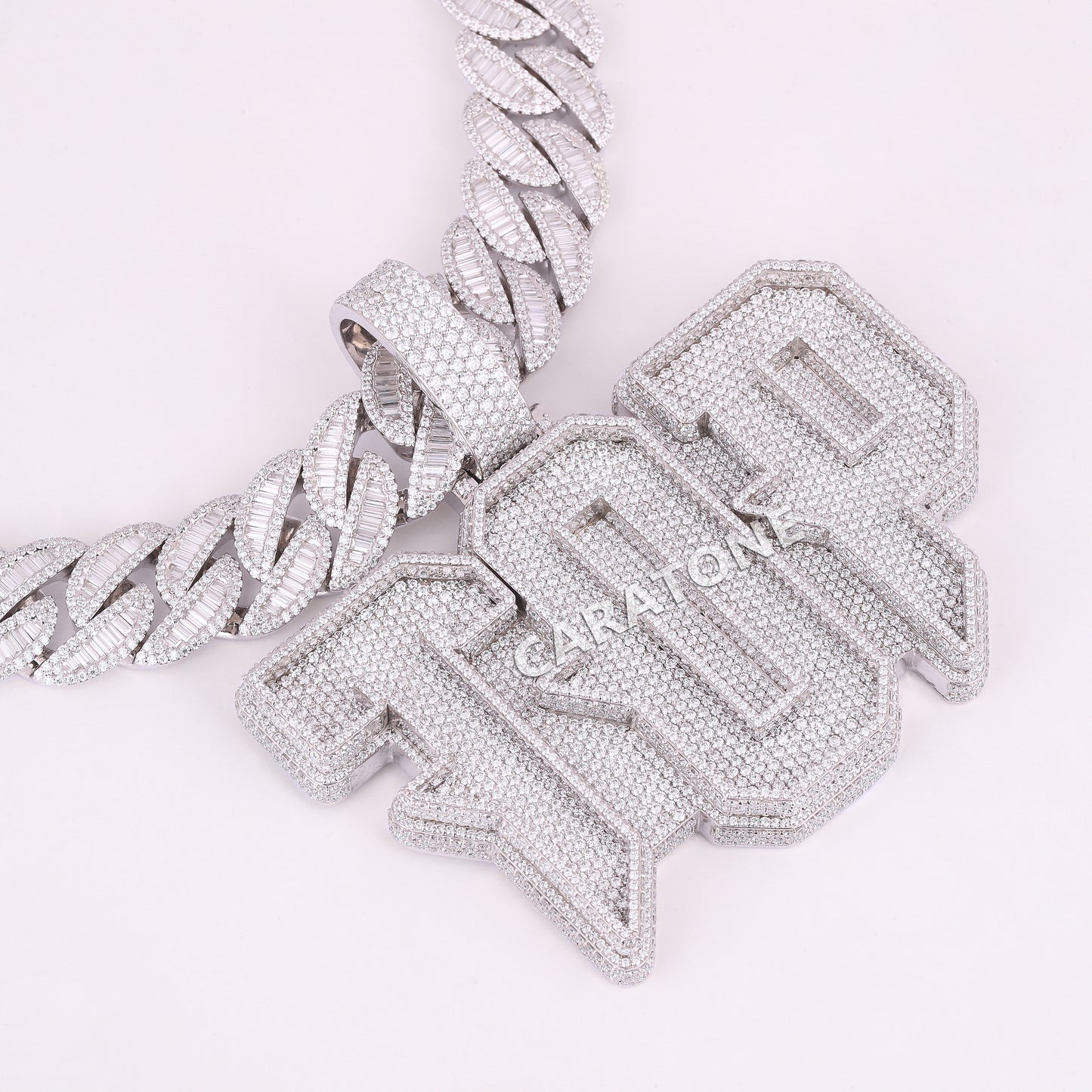 Letter Pednant With Cuban LinK Round And Bagutte Lab Diamond Chain In 925 Sterling Silver