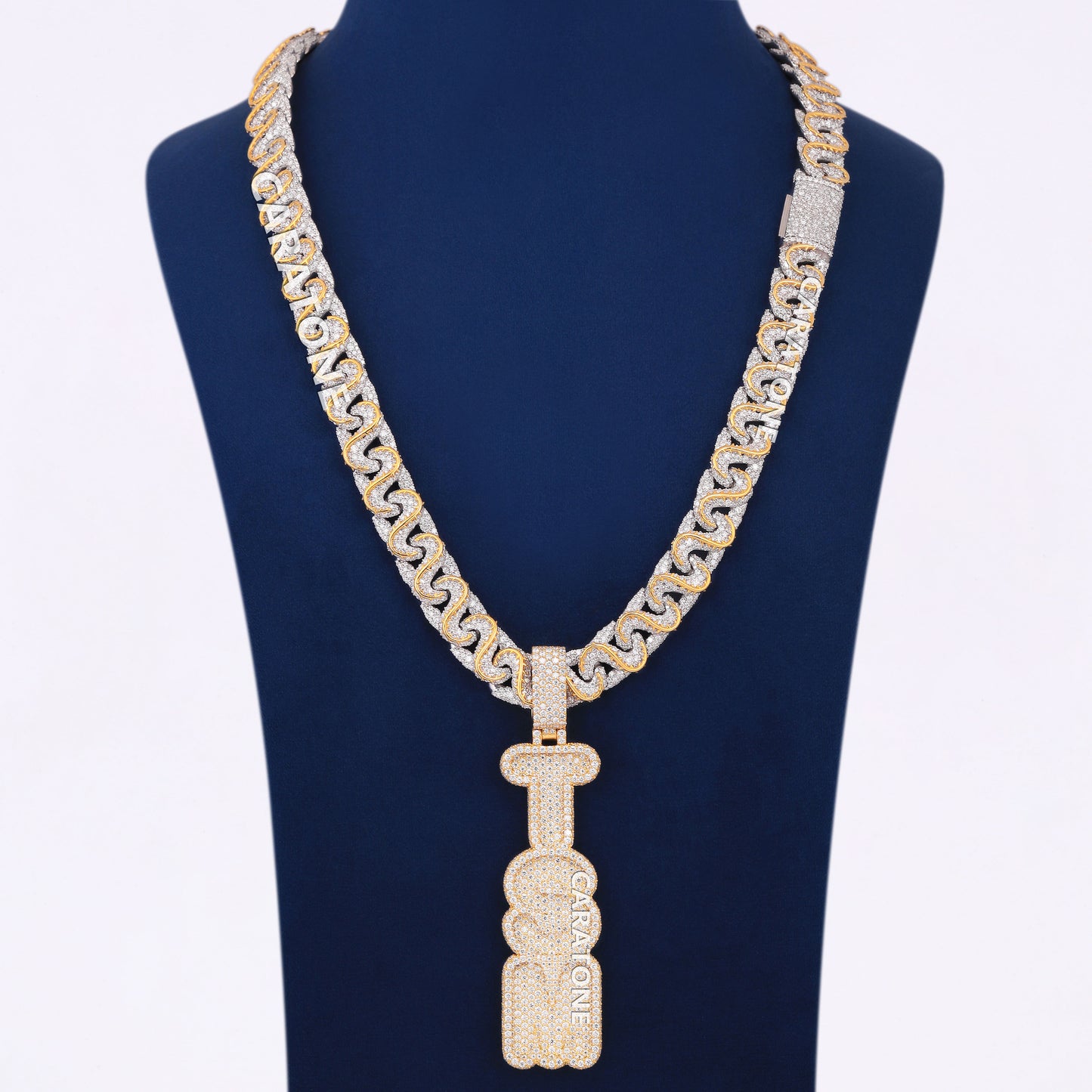 14k Iced Out Diamond White and Yellow Gold Chain Necklace with Vertical Custom Letter Pendant in Luxury VVS Diamond Chain Pendant