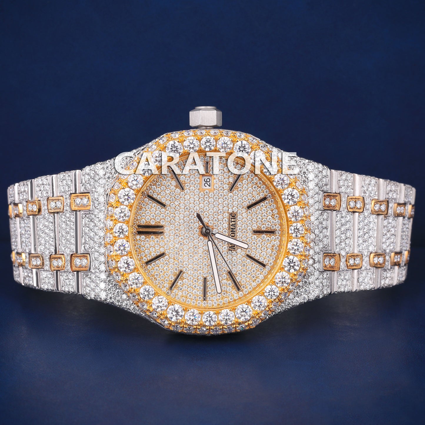 Full iced out hip hop branded watch in two tone and it is of D VVS clarity