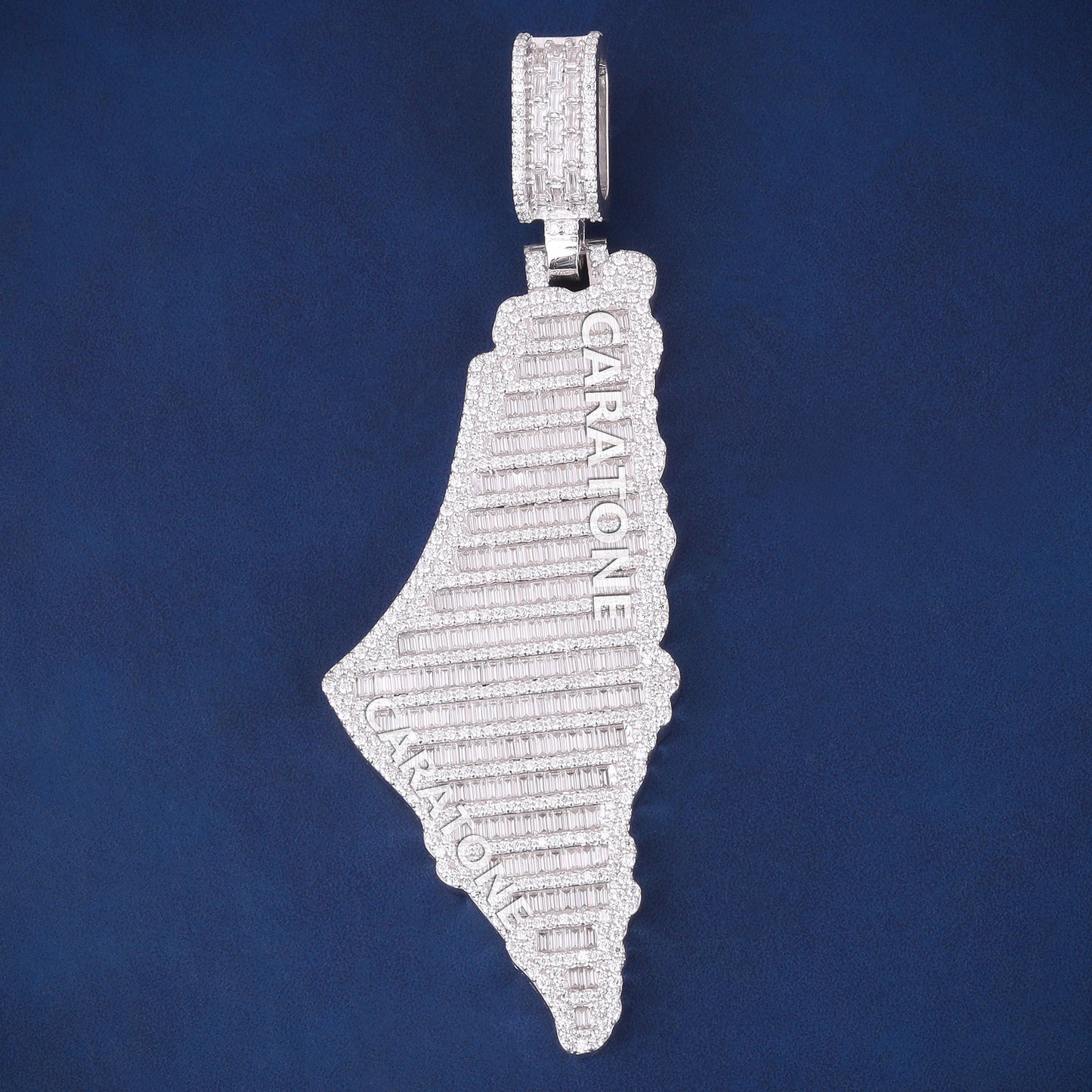 Real 925 Sterling Silver Palestine Map Pendant Necklace in Fully White Iced Out Baguette Diamond Mens Custom Silver Pendants