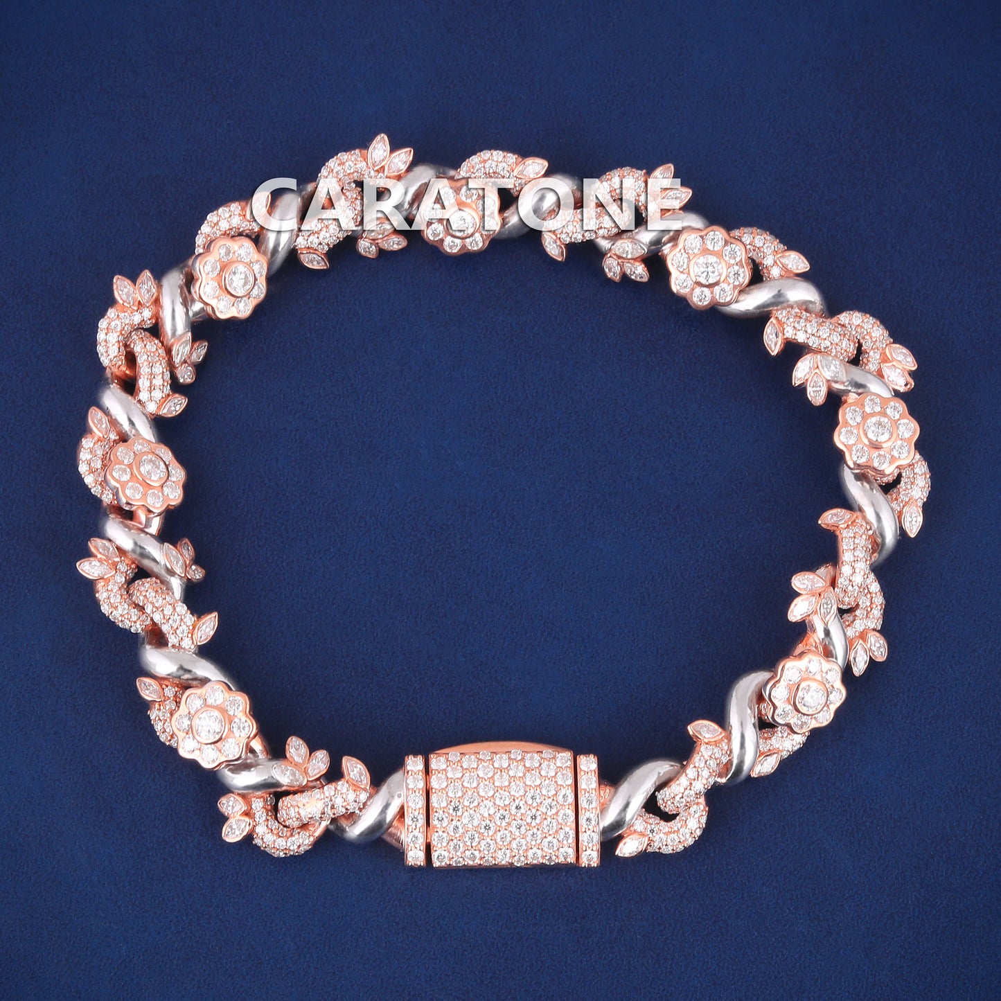 7.8 Inch Custom Fully Rose Gold Plated Iced Out Sterling Silver Flower Infinity Link Bracelets with Lab Diamond Unique Designer Bracelets for Mens