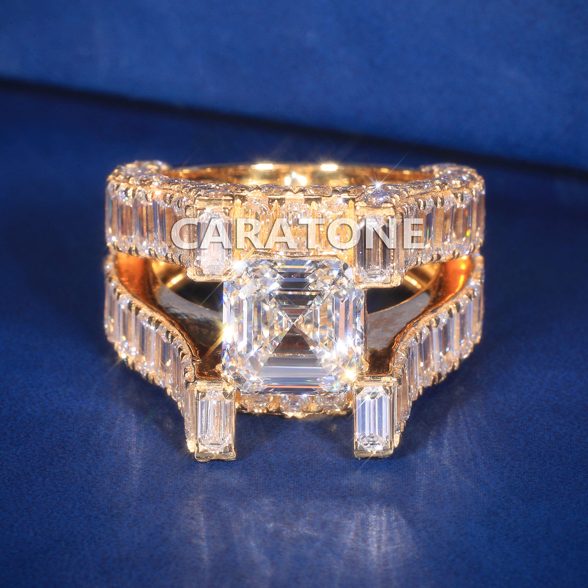 Premium Emerald Cut Solitaire Ring With Baguette Side Stones And Yellow Gold Setting