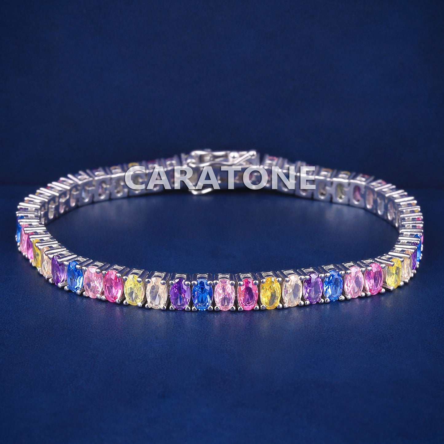 Luxury Custom Multicolor Oval Cut Diamond Tennis Bracelets for Women Fully Iced Out Silver Rainbow Multi Sapphire Tennis Bracelet