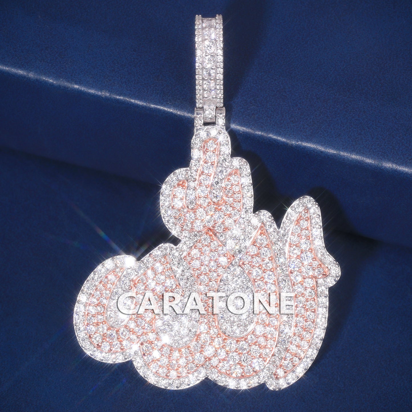 Silver Rose Gold Two Tone Custom Allah Necklace Pendant in Fully Iced Out Personalized Diamond Pendants Rapper
